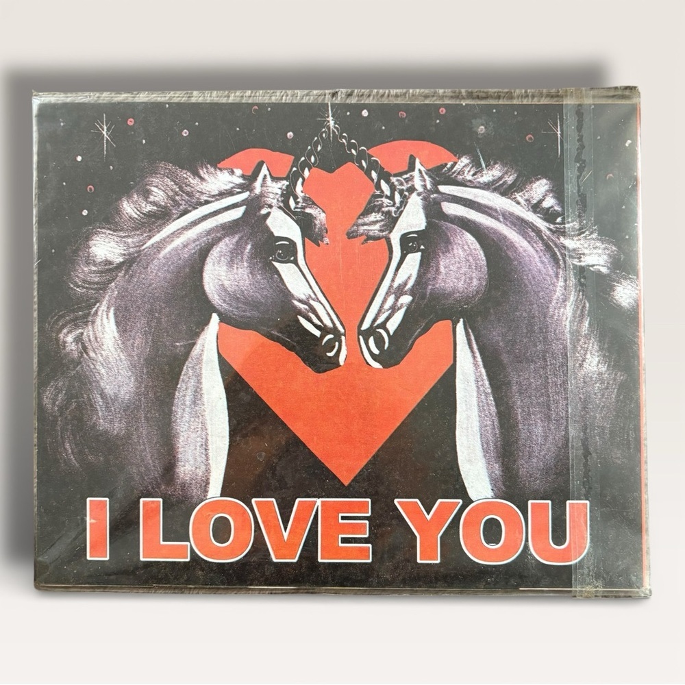 Vintage Wood Painting Print Two Unicorns Black & White “I Love You” Heart Retro